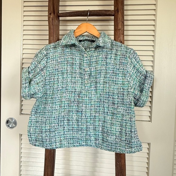 Zara Tweed Top Short Sleeve Button Up Green Blue White Boxy Blouse Size S - Picture 2 of 5
